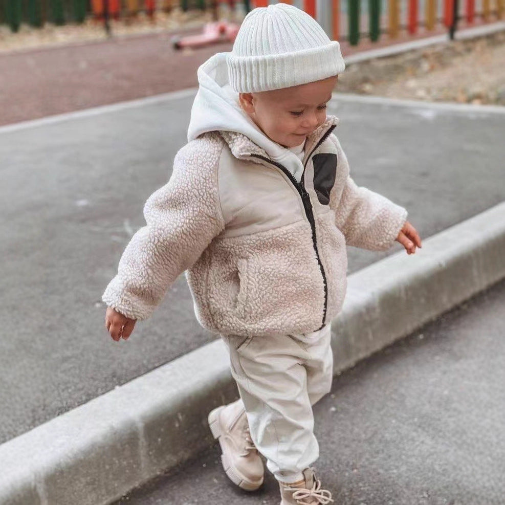 Kids Winter Sherpa Patchwork Fleece Jacket, Loose Fit Warm Hooded Coat for Baby Girls