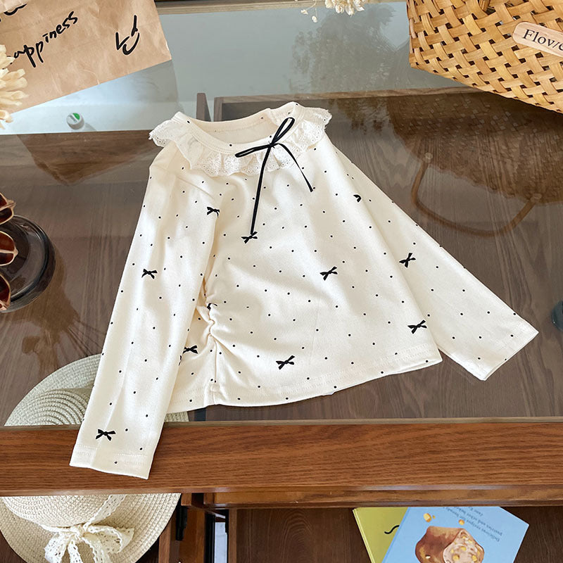 Long Sleeve Bowknot Lace Collar Girls T-Shirt