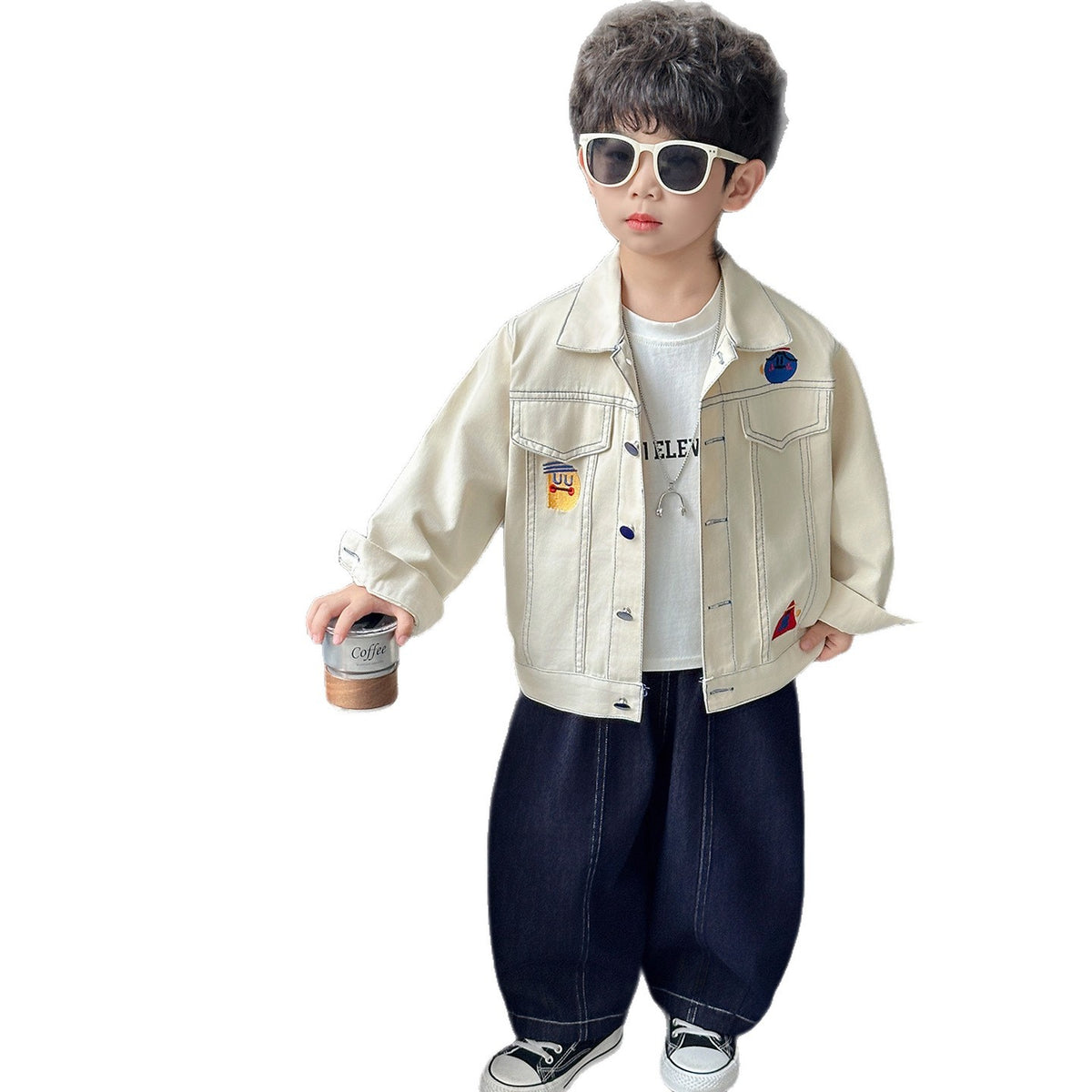 Cool Style Long Sleeve Denim Jacket for Boys Button Front Shirt Collar Regular Fit Kids Outerwear