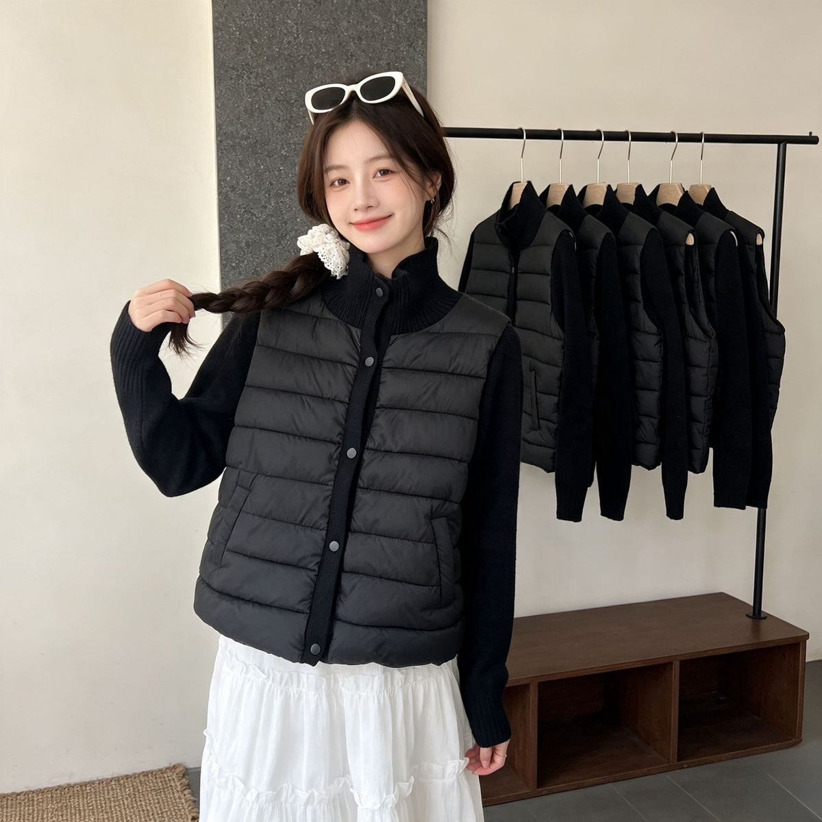 Casual Knitted Splicing Ribbed Stand Collar Cropped Lightweight Warm Women's Cotton Jacket