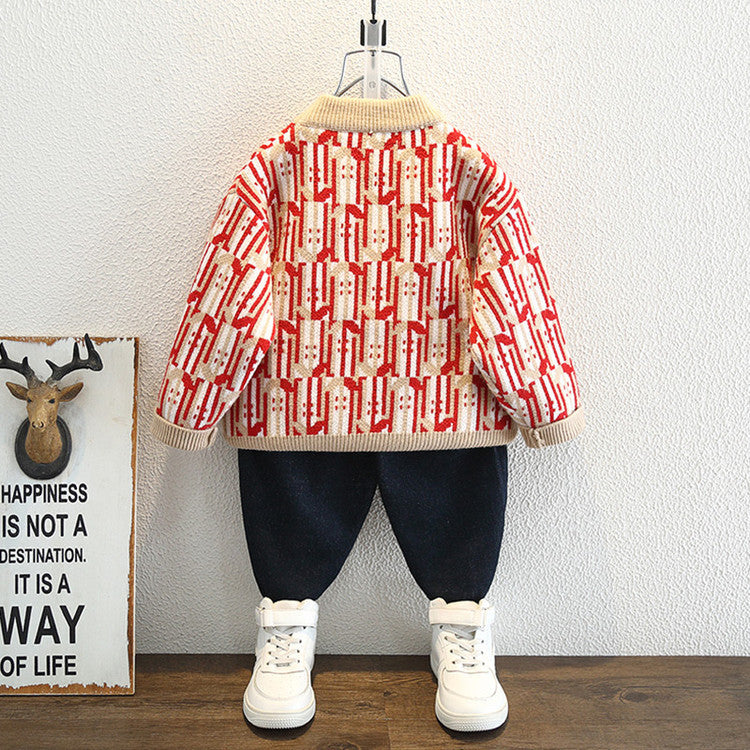 Boys Red Long Sleeve Crew Neck Solid Color Knit Sweater