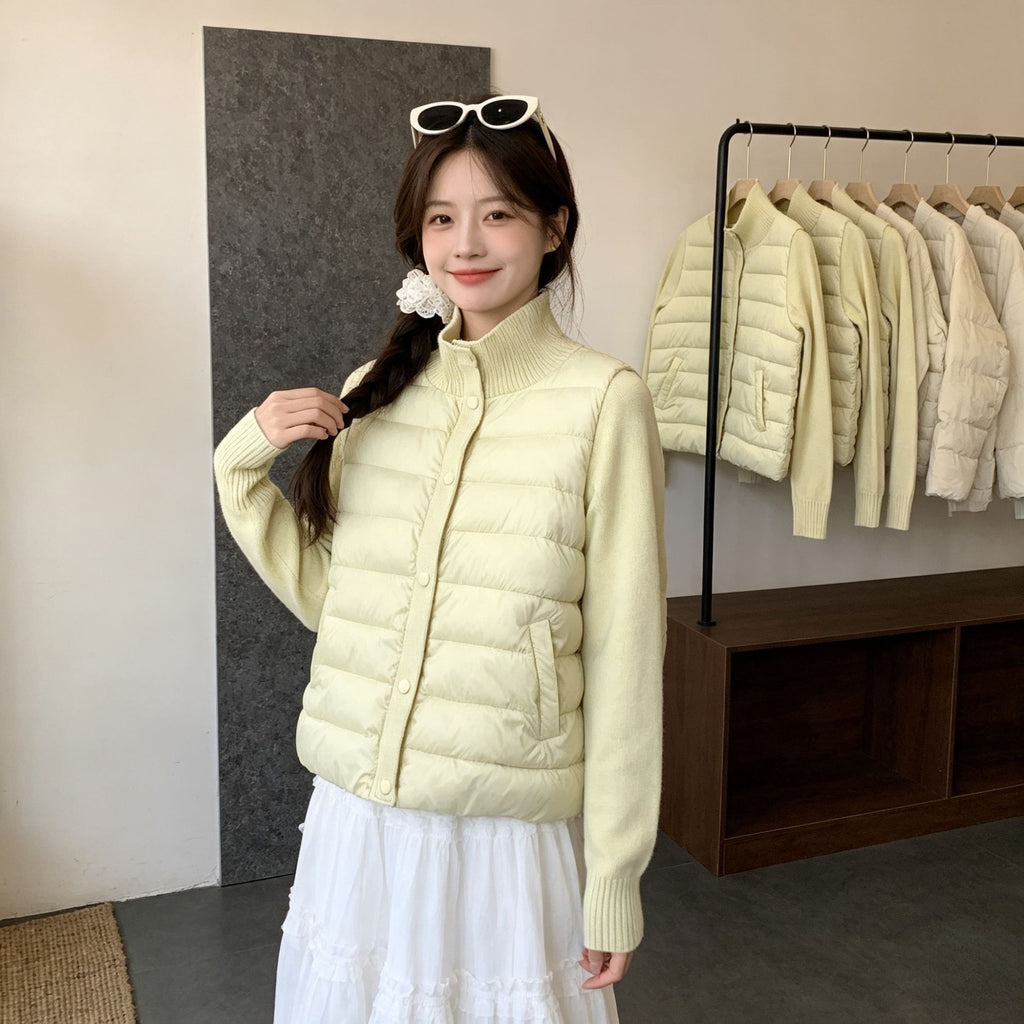 Casual Knitted Splicing Ribbed Stand Collar Cropped Lightweight Warm Women's Cotton Jacket