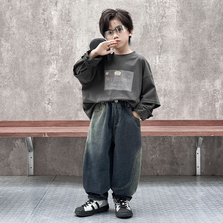 Boys Casual Denim Long Pants with Patch Pockets