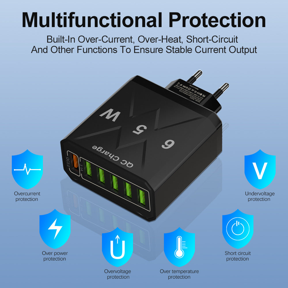 Standard 65W fast charging Korean standard mobile phone charger 6USB multi port fast charging head travel charger