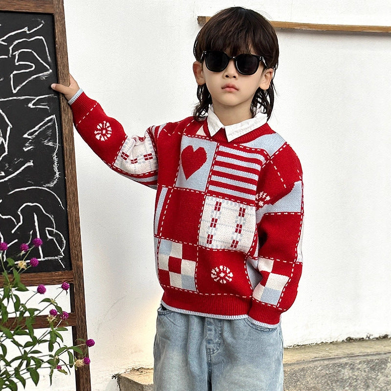 Kids Boys Red Plaid Long Sleeve Crew Neck Winter Thick Knit Sweater