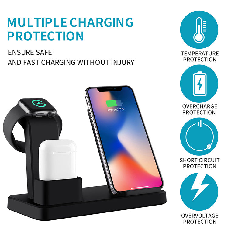 Supporto di ricarica wireless 3 in 1 per telefono, auricolari e orologio