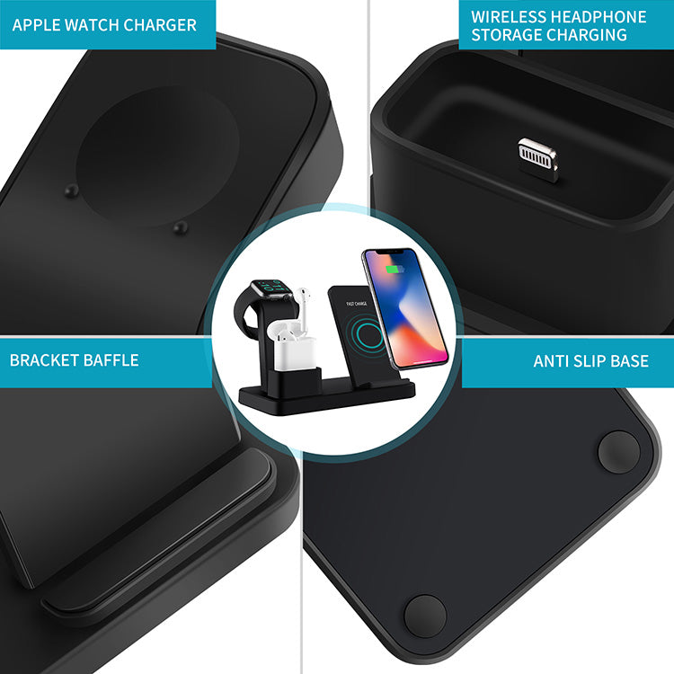 Supporto di ricarica wireless 3 in 1 per telefono, auricolari e orologio