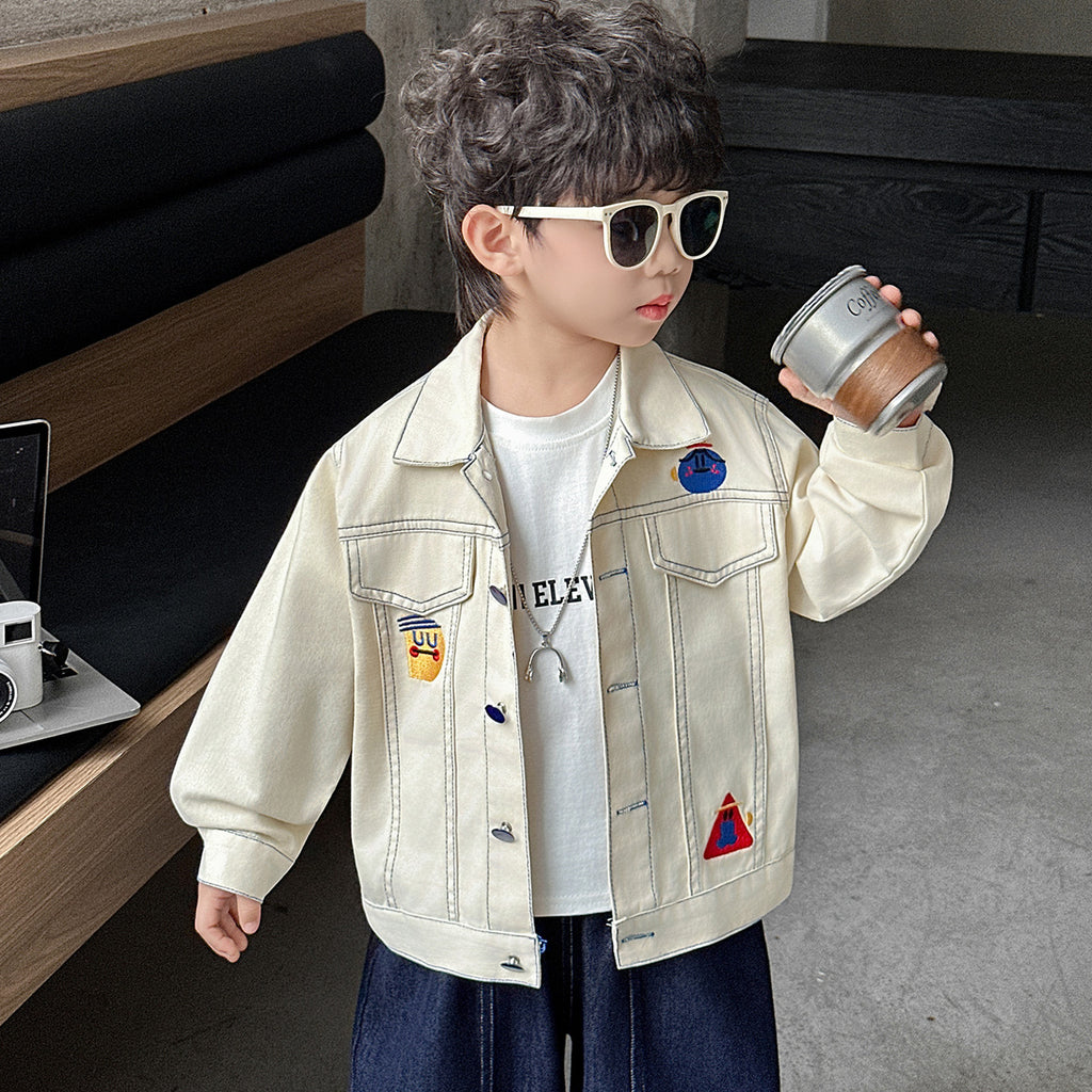 Cool Style Long Sleeve Denim Jacket for Boys Button Front Shirt Collar Regular Fit Kids Outerwear