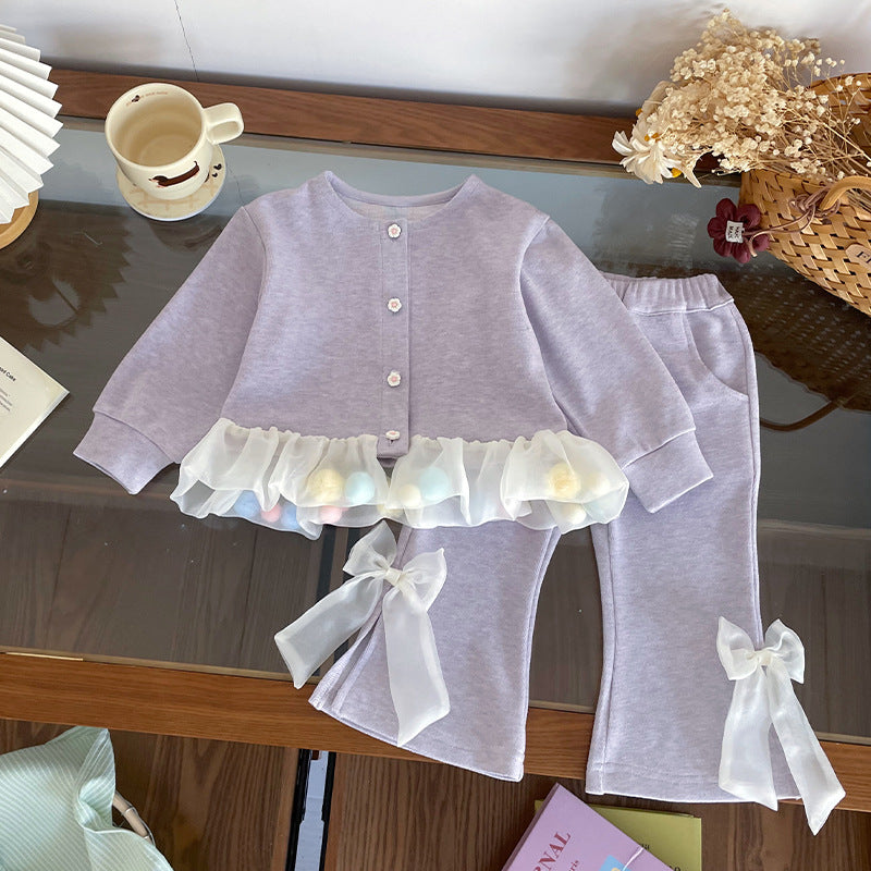 Girls Spring Tulle Multicolor Pompom Bow Front Cardigan Flare Pants Set