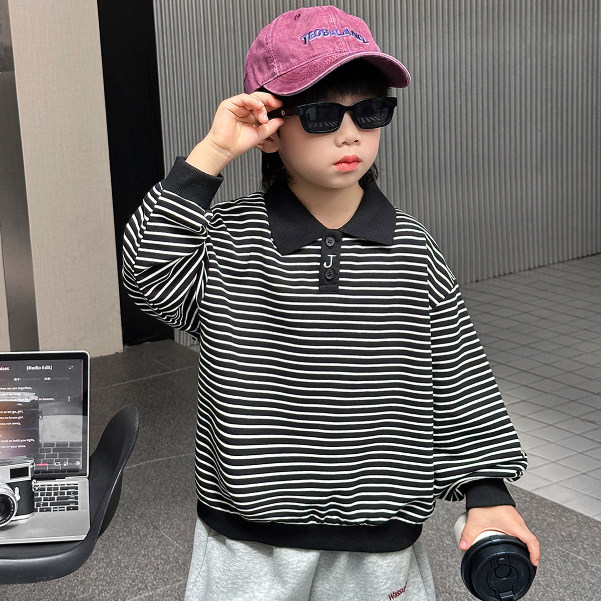 Boys' Striped Long Sleeve Polo Collar Pullover Sweatshirt