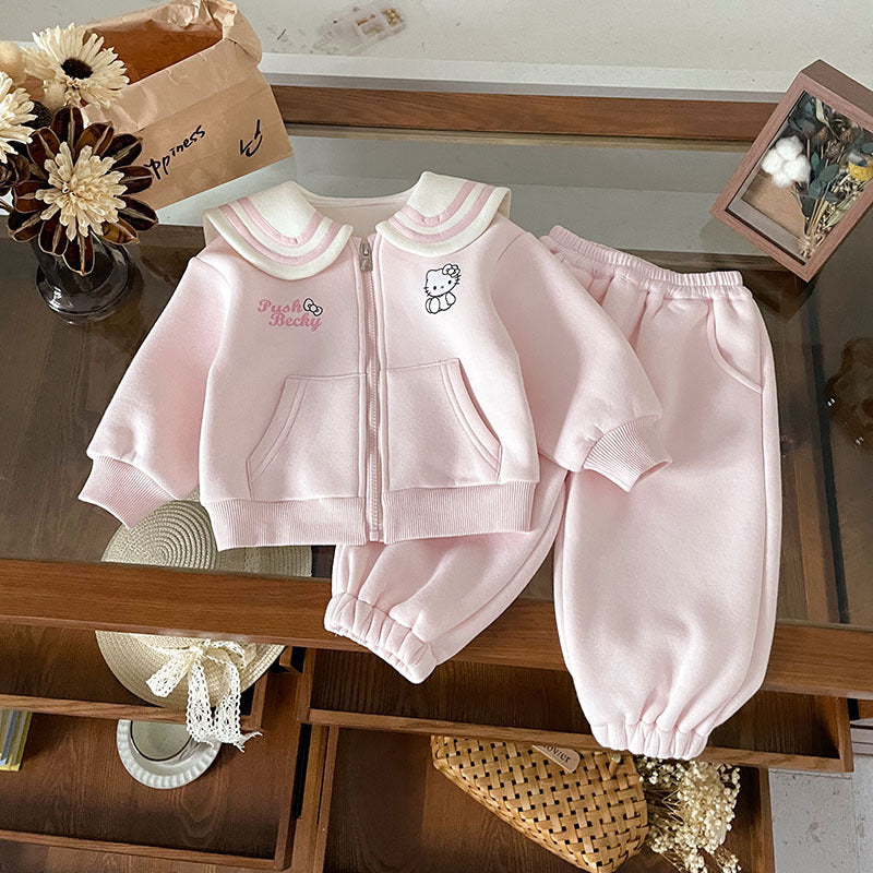 Girls Spring KT Cat Embroidery Lapel Collar Two-Piece Set