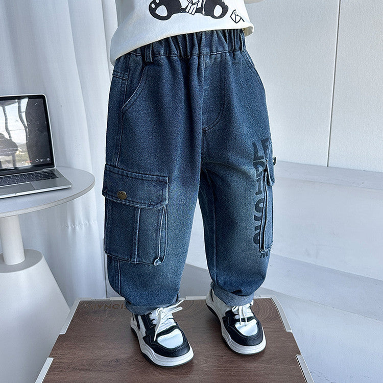 Casual Denim Cargo Pants for Boys Kids with Curved Leg Design