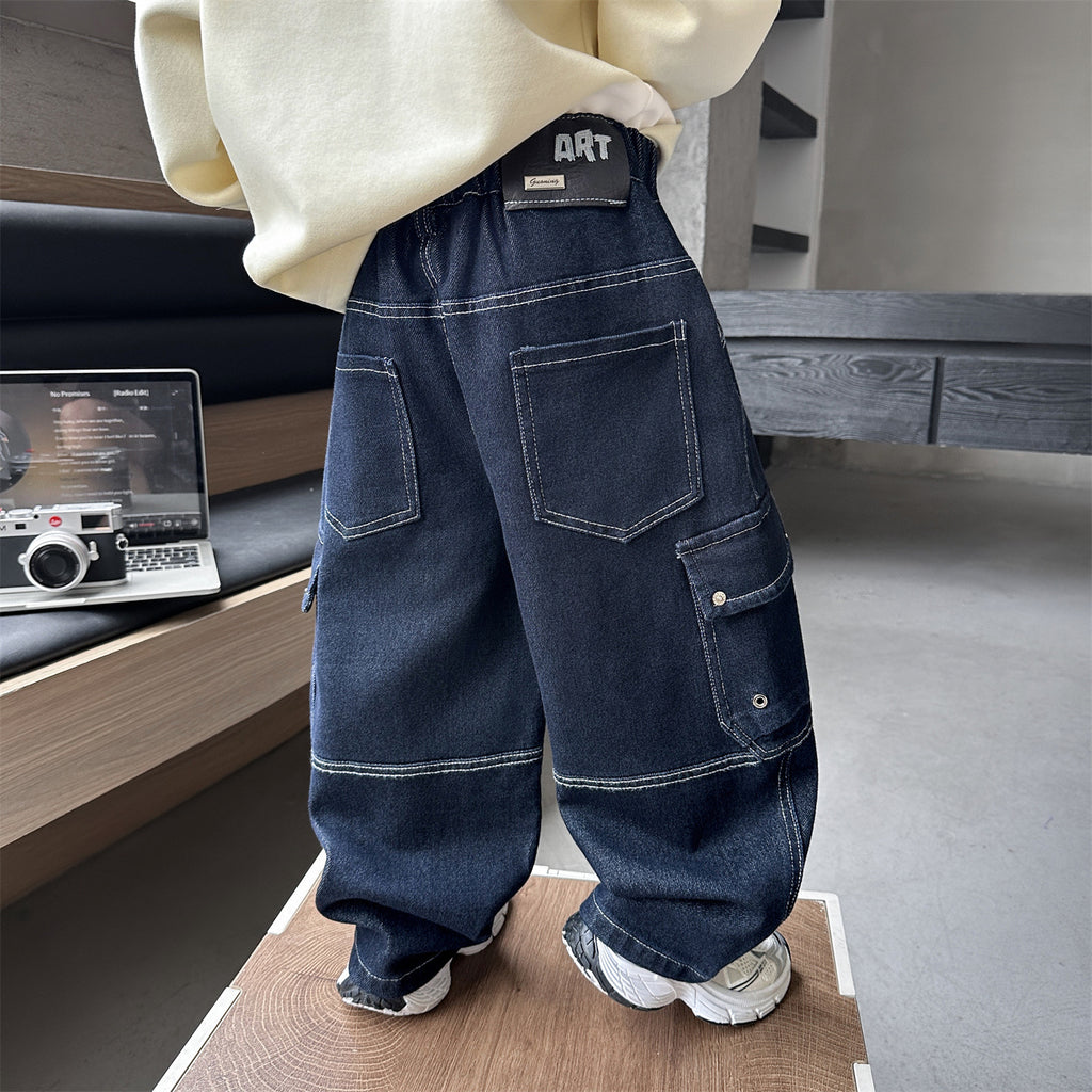 Boys’ Loose-Fit Denim Cargo Trousers
