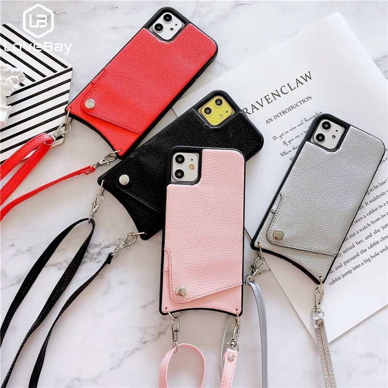 Lanyard Crossbody Wallet Case For iPhone 13 12 11 Pro Max XS MAX XR X 7 8 Plus Leather Card Slot With Shoulder Strap Back Cover