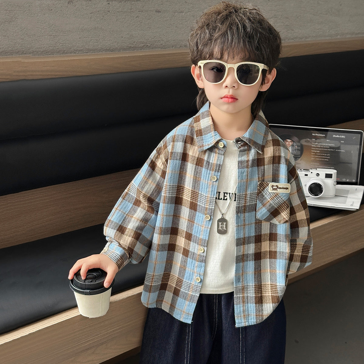 Boys' Casual Plaid Long Sleeve Collared Shirt