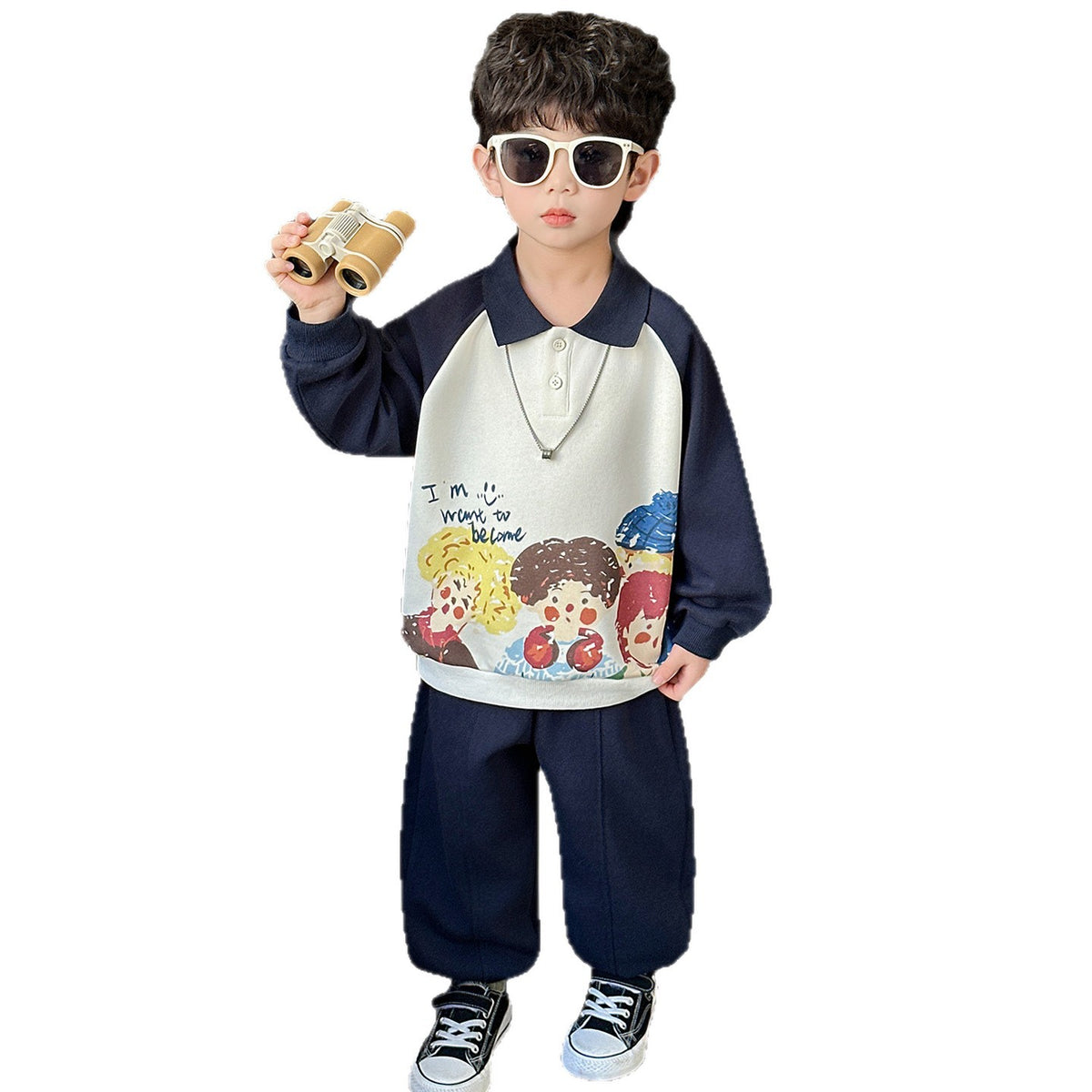 Boys' Cartoon Polo Hoodie Two-Piece Set