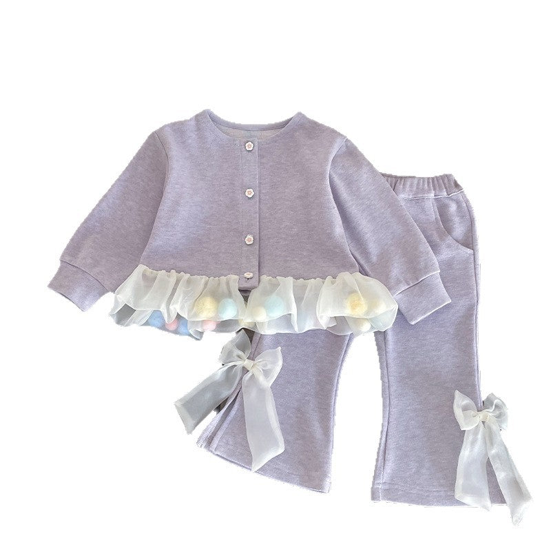 Girls Spring Tulle Multicolor Pompom Bow Front Cardigan Flare Pants Set