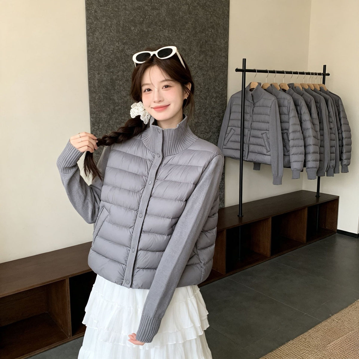 Casual Knitted Splicing Ribbed Stand Collar Cropped Lightweight Warm Women's Cotton Jacket