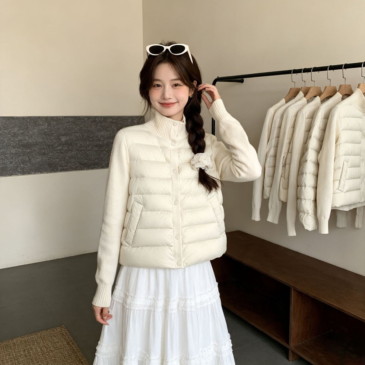 Casual Knitted Splicing Ribbed Stand Collar Cropped Lightweight Warm Women's Cotton Jacket