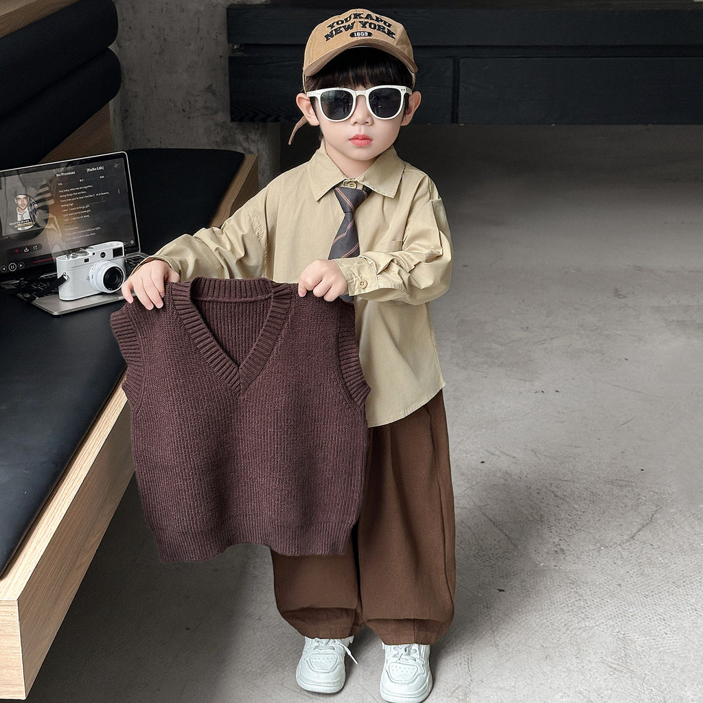 Boys Spring Autumn Fashion Three-Piece Suit Set with Vest, Tie and Shirt