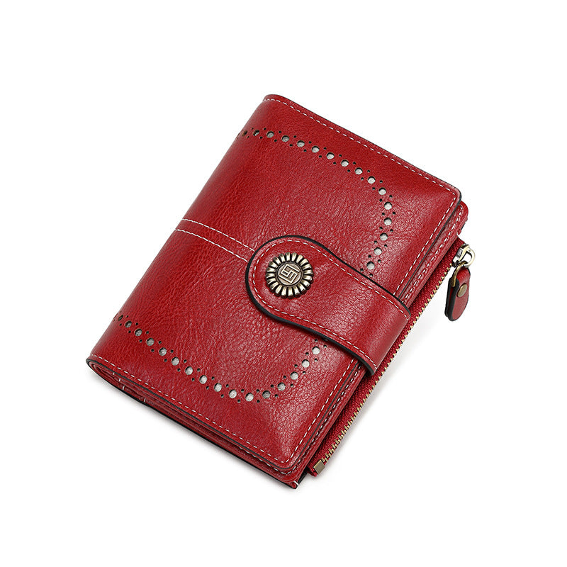 RFID Wallet Women's Short Card Bag Wax Leather Zero Wallet Fashion Buckle Zipper Wallet