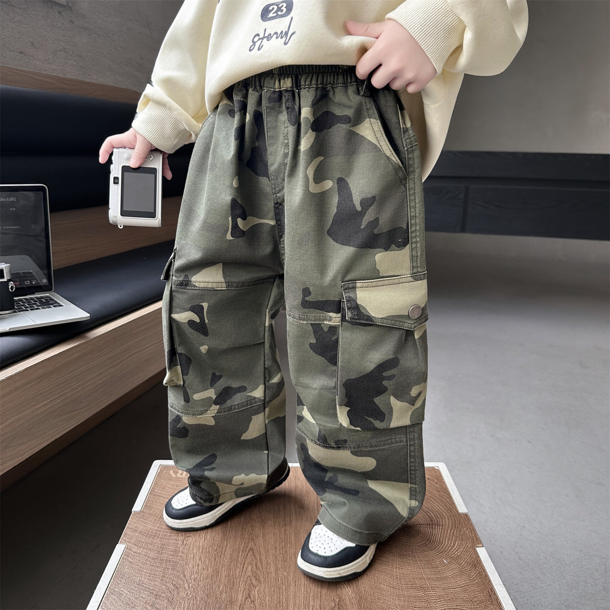 Boys Camouflage Cargo Pants Casual Straight Leg Trousers