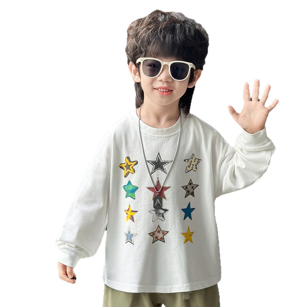Boys' White Spring Autumn Long Sleeve Star Print Crew Neck Cotton T-Shirt