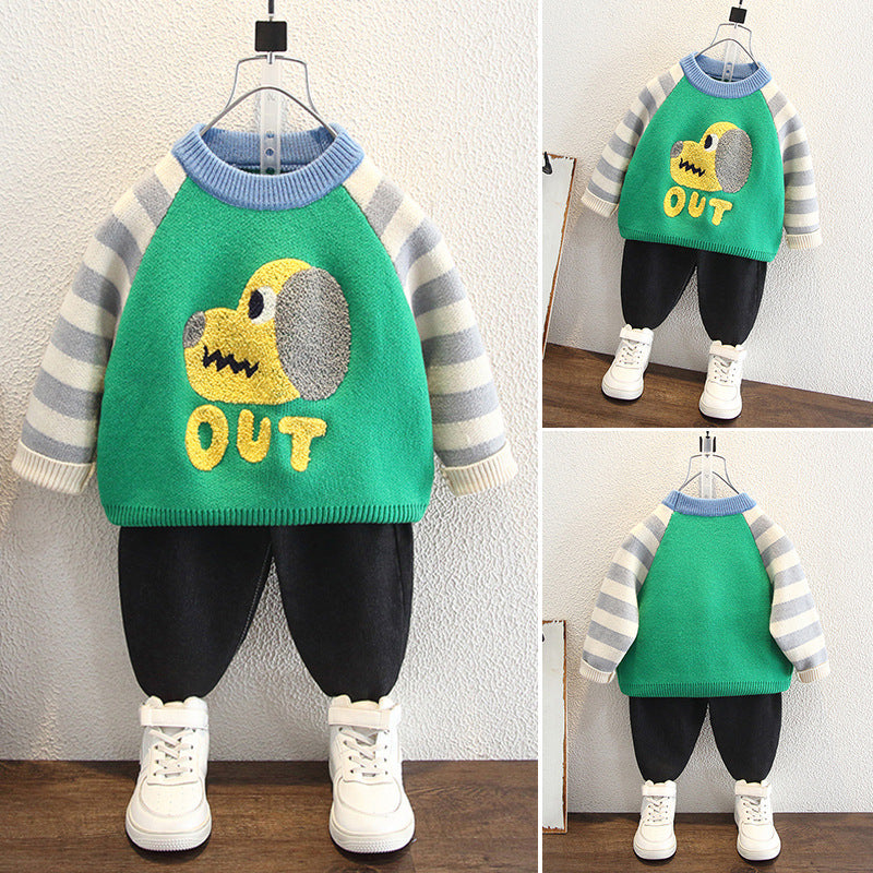 Boys' Long Sleeve Striped Dog Pattern Crew Neck Sweater