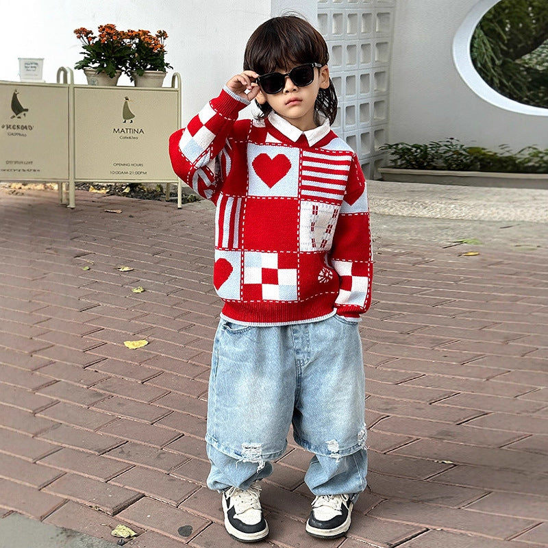 Kids Boys Red Plaid Long Sleeve Crew Neck Winter Thick Knit Sweater