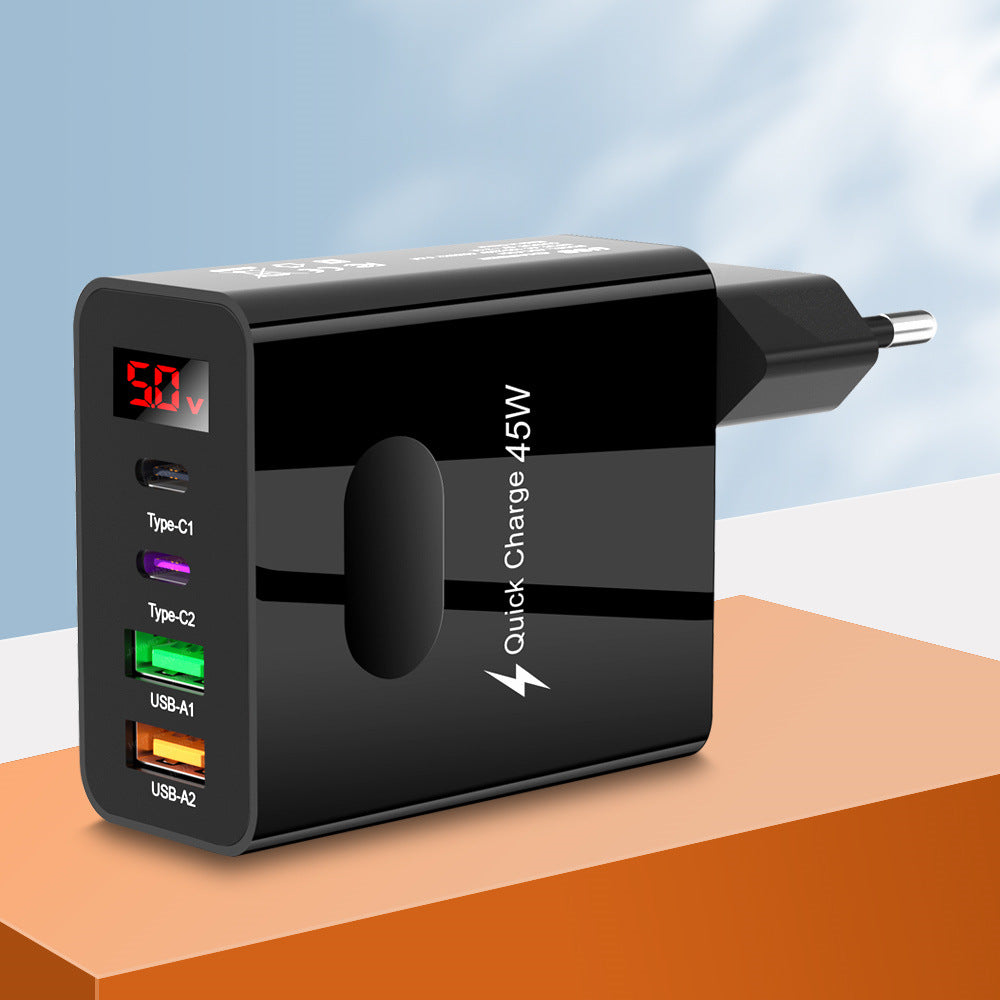 Digital display 2USB+2Type-c digital display mobile phone charger, multi port charging head, European, American and British standard plug