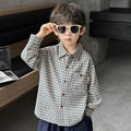 Boys Casual Plaid Long Sleeve Lapel Shirt