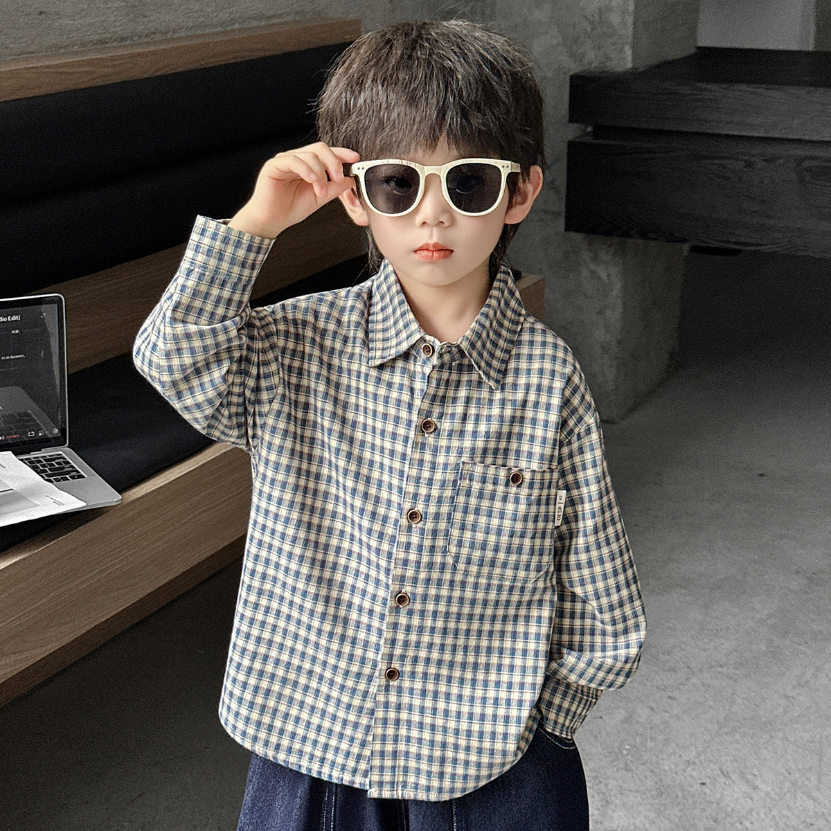 Boys Casual Plaid Long Sleeve Lapel Shirt