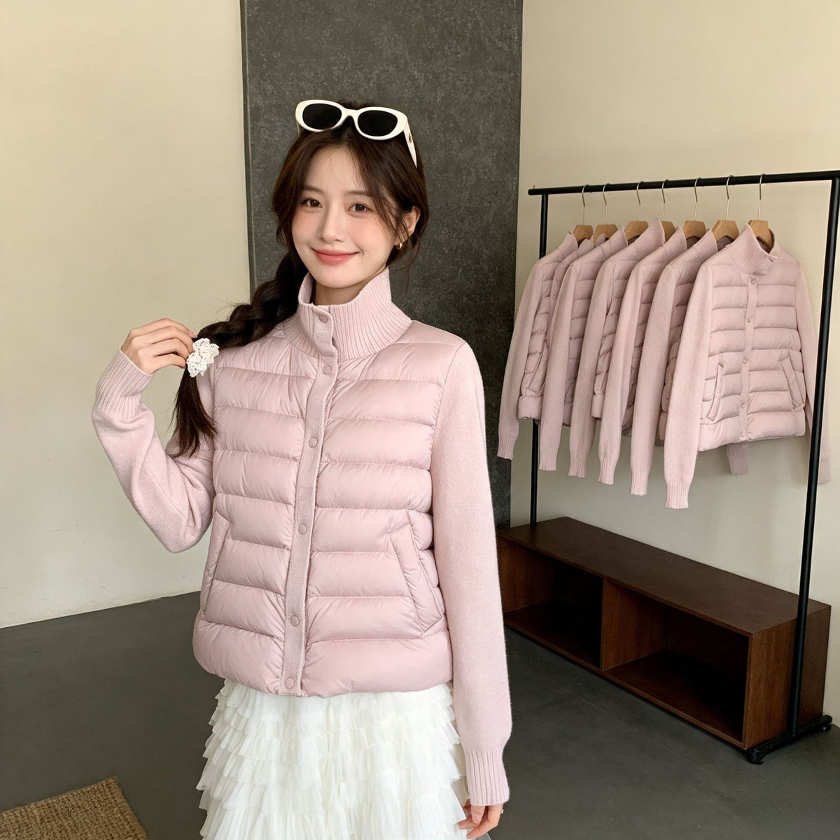 Casual Knitted Splicing Ribbed Stand Collar Cropped Lightweight Warm Women's Cotton Jacket