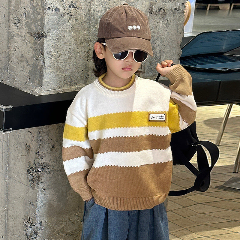 Boys' Knit Pullover Sweater with Letter and Cartoon Print