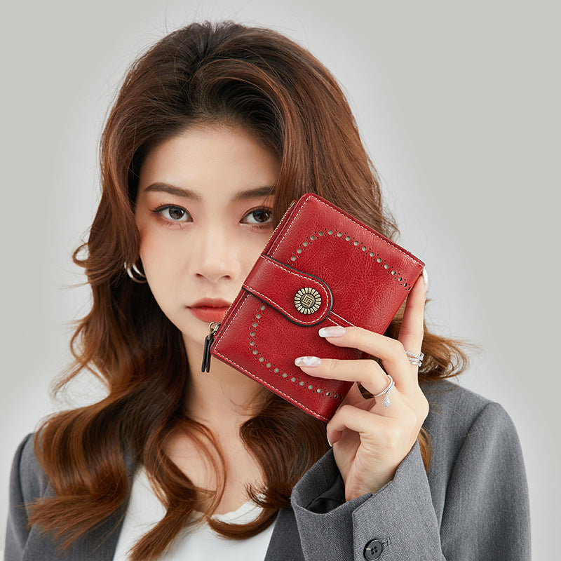 RFID Wallet Women's Short Card Bag Wax Leather Zero Wallet Fashion Buckle Zipper Wallet