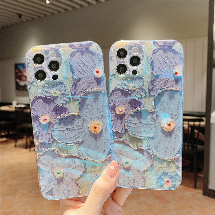 Oil Painting Purple Blue Daisy Flowers Suitable For Apple 8plus/13 Mobile Phone Cover Flash Drill iPhone 12ProMax Soft 11