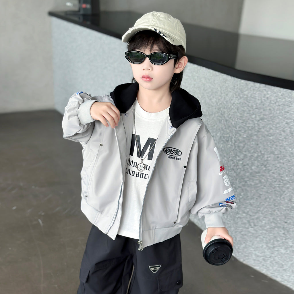 Boys Hooded Jacket Spring Autumn Layered Open Front Coat