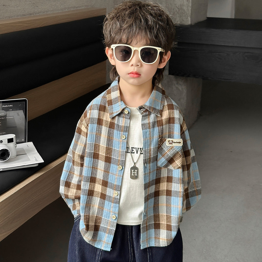 Boys' Casual Plaid Long Sleeve Collared Shirt