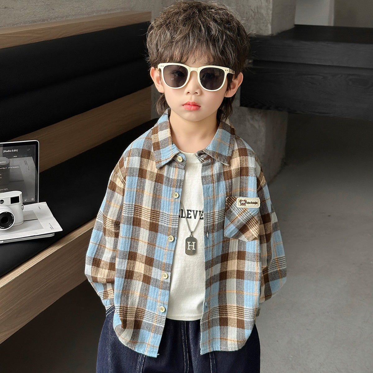 Boys' Casual Plaid Long Sleeve Collared Shirt