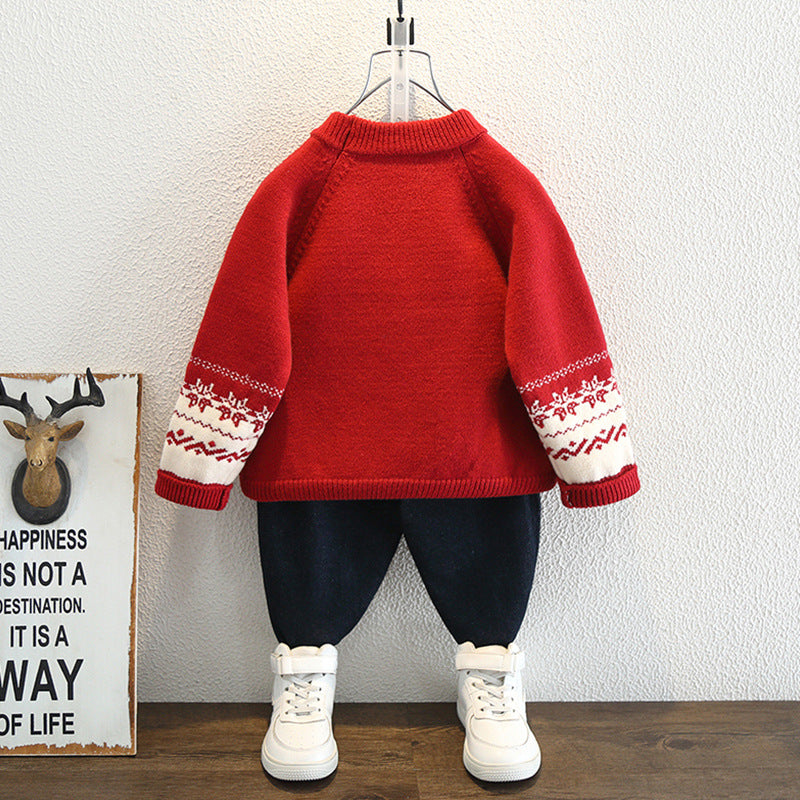 Chinese Traditional Style Solid Red Long Sleeve Round Neck Knit Sweater