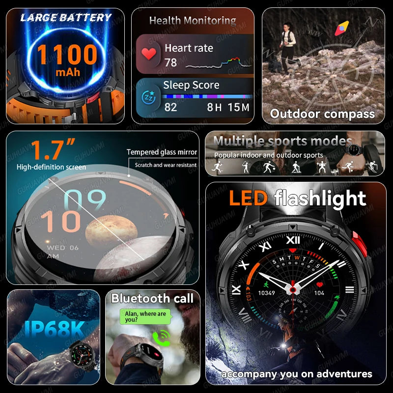 New Men Military 1100mAh Durable Large Battery Smart Watch 1.7" HD Large screen With LED Flashlight Compass Heart Rate Bluetooth Call IP68 Waterproof Sports Smartwatch