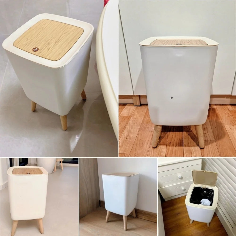Mülleimer mit modernen Holzfüßen und Druckdeckel für Wohnzimmer, Badezimmer, Küche und Büro, 7 l/10 l