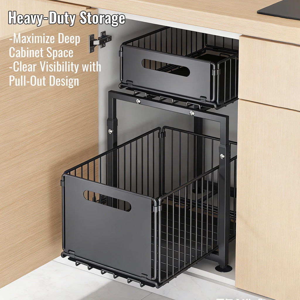 Cabinet Organizer 5-level Height Adjustable Pull-Out Double-Layer Sliding Carbon Steel Storage Drawer, Large Capacity Under-Sink Tidying Rack for Multi-Scene Use