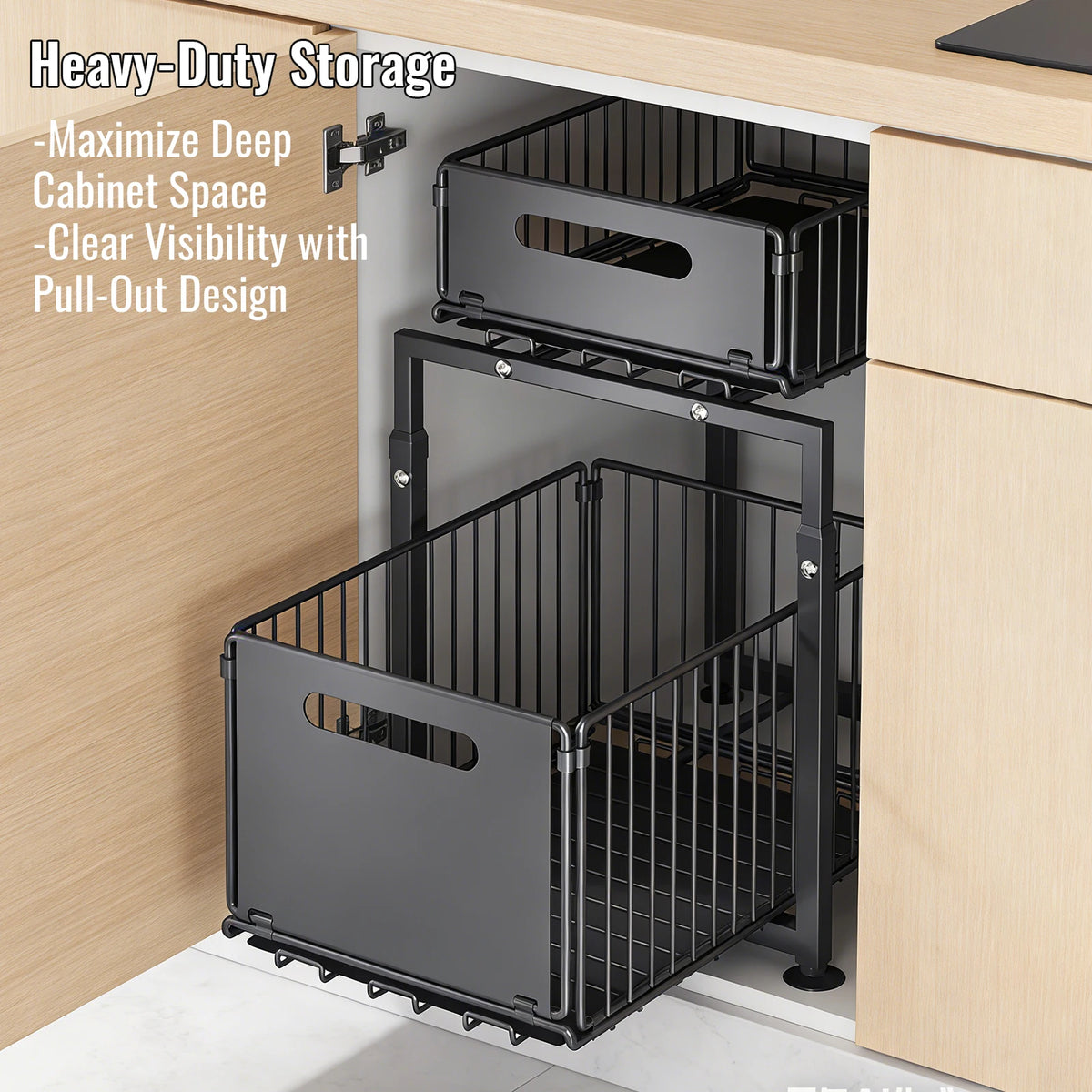 Cabinet Organizer 5-level Height Adjustable Pull-Out Double-Layer Sliding Carbon Steel Storage Drawer, Large Capacity Under-Sink Tidying Rack for Multi-Scene Use