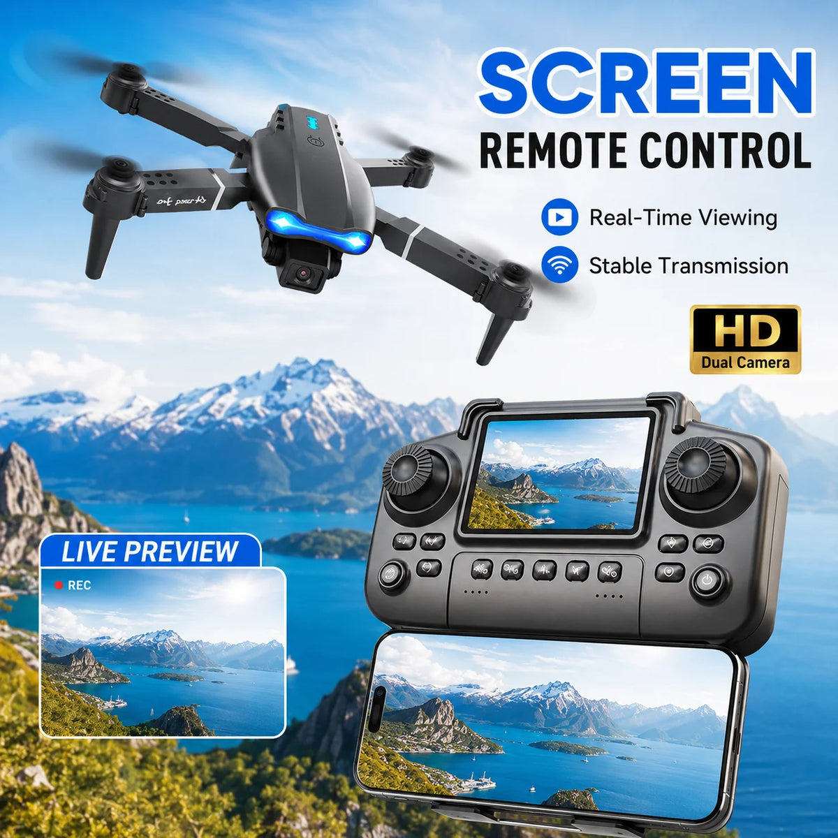 ZNLYRION Dron RC 4K con Control Remoto con Pantalla  Cámara Dual Posicionamiento de Flujo Óptico Evitación de Obstáculos Plegable FPV WIFI Control por APP Regreso con Tecla 360° Voltereta Cuadricóptero Juguete para Principiantes