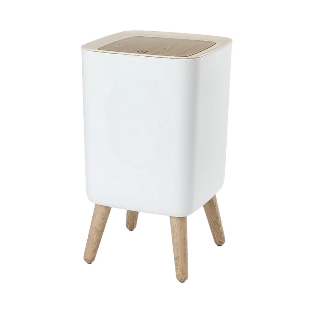 Papelera con patas de madera modernas y tapa de presión para salón, baño, cocina u oficina, 7 l/10 l