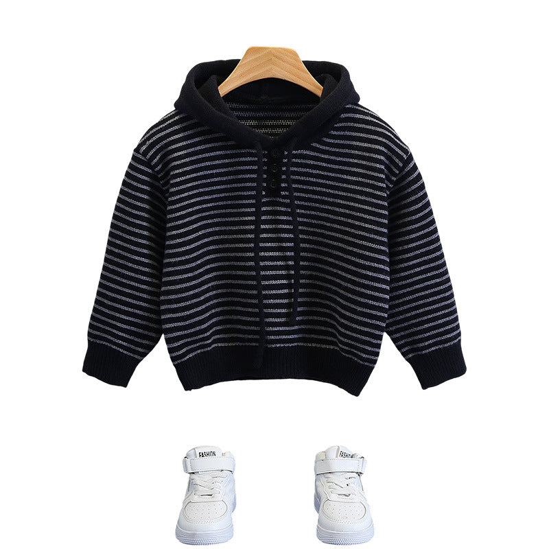 Boys Striped Hooded Thick Knit Sweater