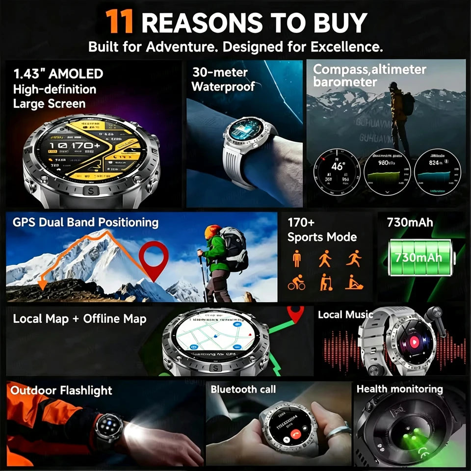 2026 New Built in GPS Smart Watch Offline Map Compass Fitness Tracker BT Call 3ATM Waterproof Altimeter Barometer Rugged Outdoor HD Smartwatch Men
