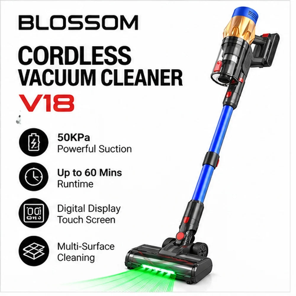 Aspirateur balai sans fil Blossom V18, 550W 45KPA, 55 minutes d'autonomie avec écran tactile, très léger (2,7 kg)