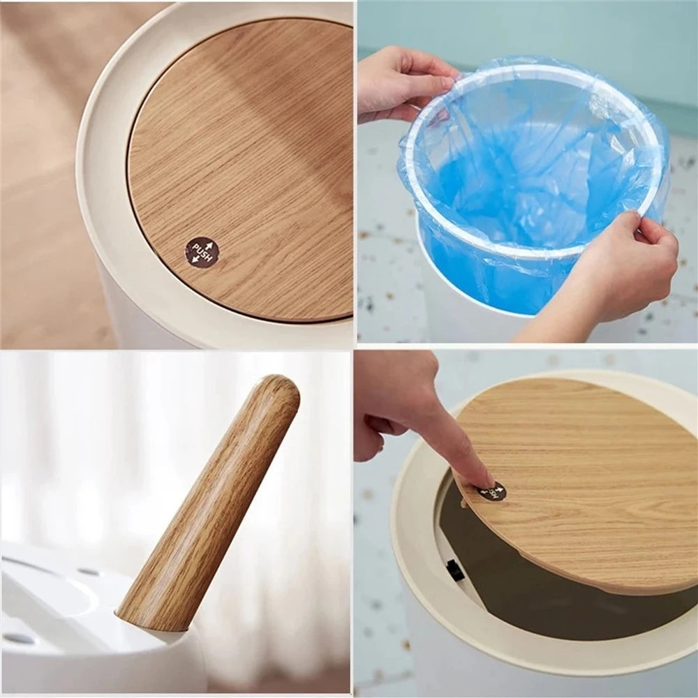 Mülleimer mit modernen Holzfüßen und Druckdeckel für Wohnzimmer, Badezimmer, Küche und Büro, 7 l/10 l